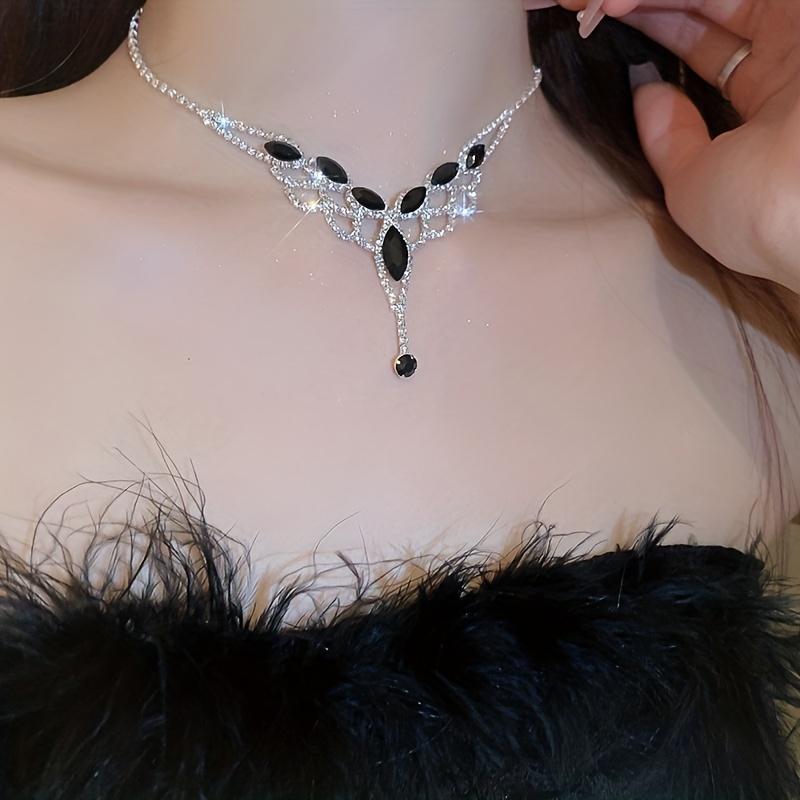 V-Shaped Tassel Earrings & Necklace Set with Rhinestone Accents